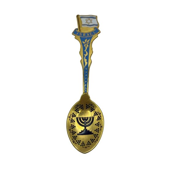 Israeli Souvenir Spoon With Flag & Menorah Design Gold Tone Collectible B24 - Picture 1 of 3